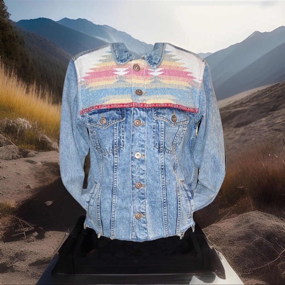 Bershka Light Blue Denim Jacket with Colorful Pattern